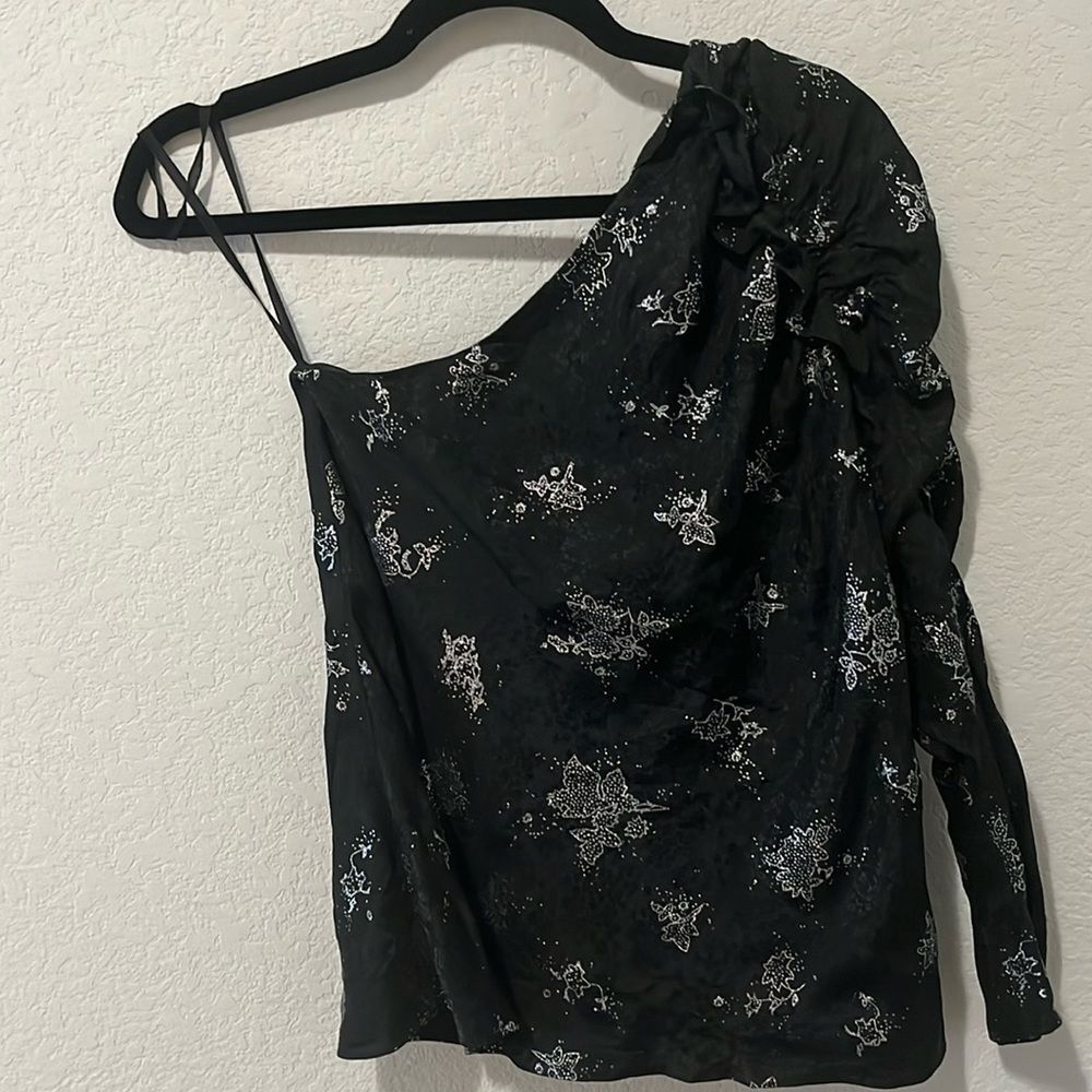 REBECCA TAYLOR One Shoulder 100% Silk Black and Silver Glitter Top, Size 2 - Picture 2 of 12
